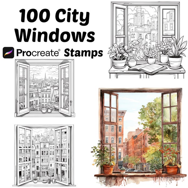 Procréer des timbres de fenêtre de ville | Plus de 100 pinceaux de procréation de fenêtre de paysage urbain | Brosses de procréation d’architecture | Timbre de procréation de fenêtre de ville