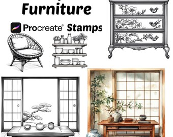 Procreate Japanese Furniture Stamps | 100+ Procreate Furniture Items Brushes | Home Decor Procreate Brushes | Furniture Procreate Stamps