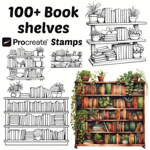 Procreate Book Shelves Stamps | 100+ Procreate  Book Shelves Brushes | Procreate Brushes | Bookshelf Procreate | Furniture Procreate Stamps