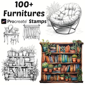 Könnte beinhalten: Ein Set mit über 100 Procreate-Stempeln mit handgezeichneten Möbel-Illustrationen. Die Stempel umfassen eine Vielzahl von Möbelstilen, wie z. B. ein Bücherregal, einen Schminktisch, einen Stuhl und einen Kleiderständer. Die Möbel sind im Schwarzweiß-Linienkunst-Stil gezeichnet.