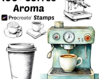 Procreate Coffee World Stamps | 100+ Coffee Cafe Procreate Brushes | Food Procreate Brushes | Dessert Procreate Stamp | Coffee Mugs, Cups