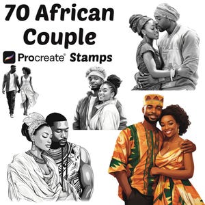 以下が含まれることがあります： さまざまなポーズをとったアフリカ系カップルの白黒イラストが描かれた、Procreate用のスタンプ70個。デジタルアートやイラストレーション用にデザインされています。