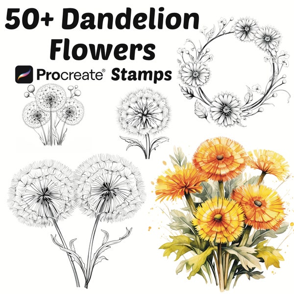 Procreate Dandelion Flower Stamps | 50+ Dandelion Flower Procreate Brushes | Botanical Procreate | Floral Procreate | Nature Procreate Stamp