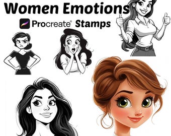 Procreate Cartoon Women Emotions Stamps | 120+ Female Cartoon Procreate | Cute Procreate Brushes | Cartoon Procreate | Emotional Female