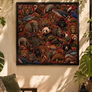 May include: A square framed wall art piece featuring a dense, colourful collage of various wild animals including a tiger, elephant, panda, gorilla, and whale, all outlined in vibrant red lines against a dark, lush jungle foliage background.