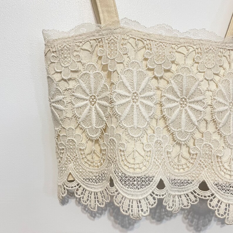 Handmade Repurposed Vintage Linen Doily Crochet Muslin Cotton Bib Bow Back Lacey Eyelet Crop Top image 3