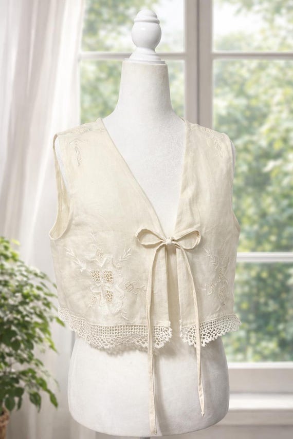 Vintage Embroidered Linen Blouse: Upcycled Lace, Sleeveless Tie Front, Boho Top (Women's Small)