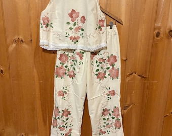Ivory Floral Appliqué Cottage Core Co-ord Set – Wide Leg Pants Lounge Top