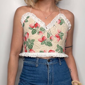 Handmade Strawberry Quilted Ruffle Trim V-Neck Crisscross Bow Back Bustier Crop Top image 1