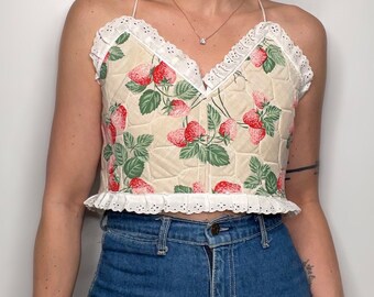 Handmade Strawberry Quilted Ruffle Trim V-Neck Crisscross Bow Back Bustier Crop Top