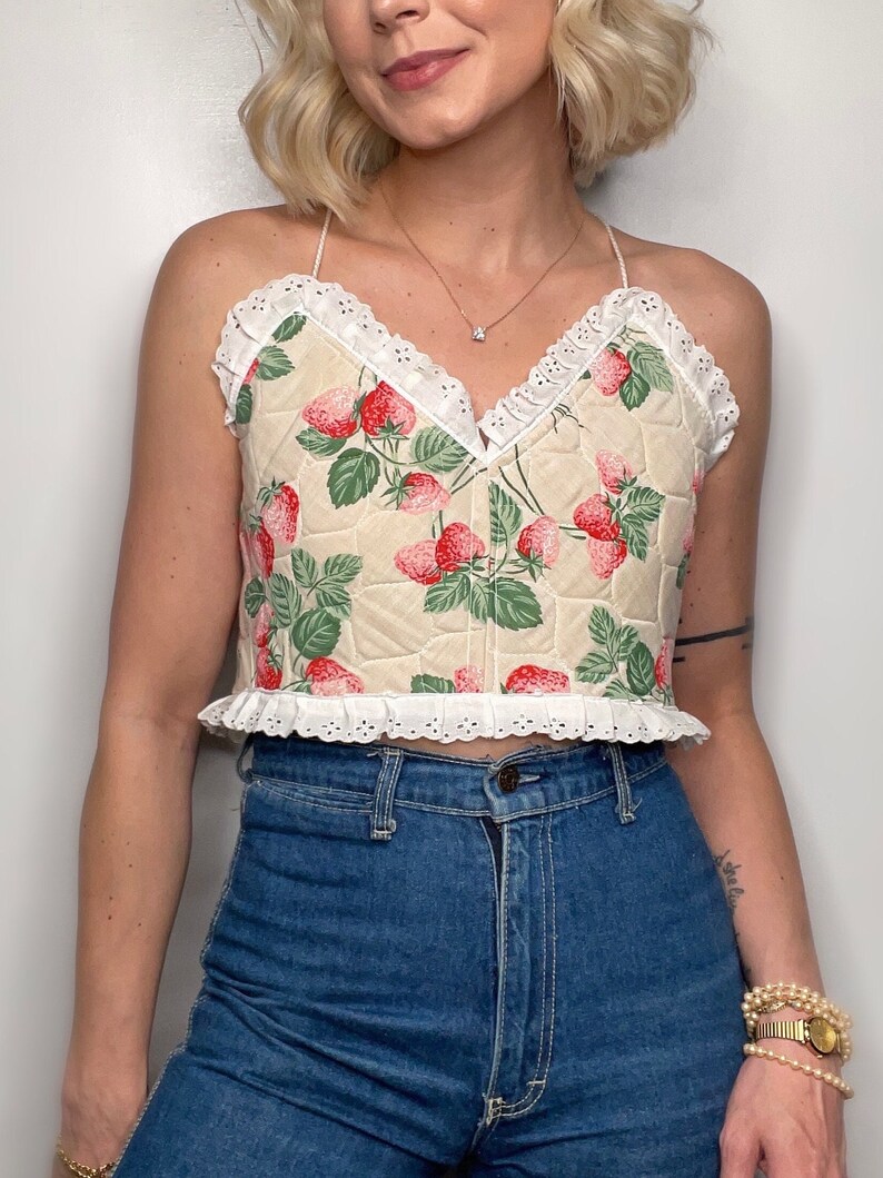 Handmade Strawberry Quilted Ruffle Trim V-Neck Crisscross Bow Back Bustier Crop Top image 1