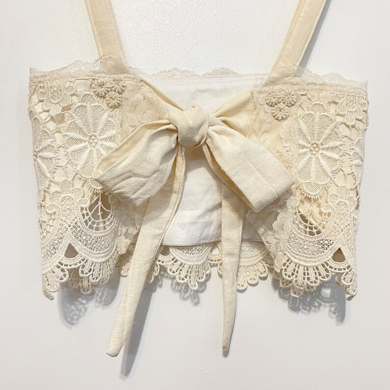 Handmade Repurposed Vintage Linen Doily Crochet Muslin Cotton Bib Bow Back Lacey Eyelet Crop Top image 6