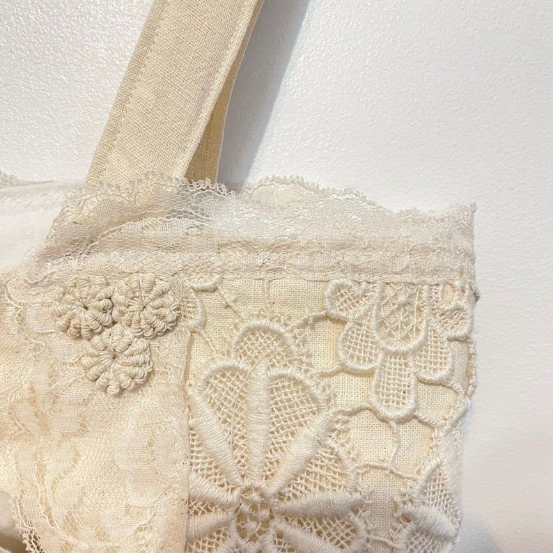 Handmade Repurposed Vintage Linen Doily Crochet Muslin Cotton Bib Bow Back Lacey Eyelet Crop Top image 5