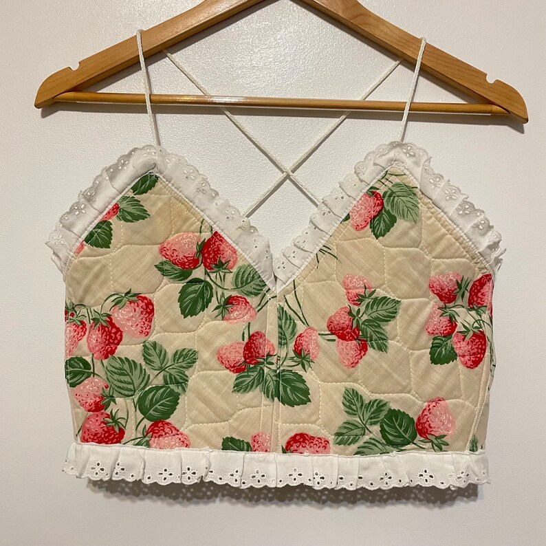 Handmade Strawberry Quilted Ruffle Trim V-Neck Crisscross Bow Back Bustier Crop Top image 5
