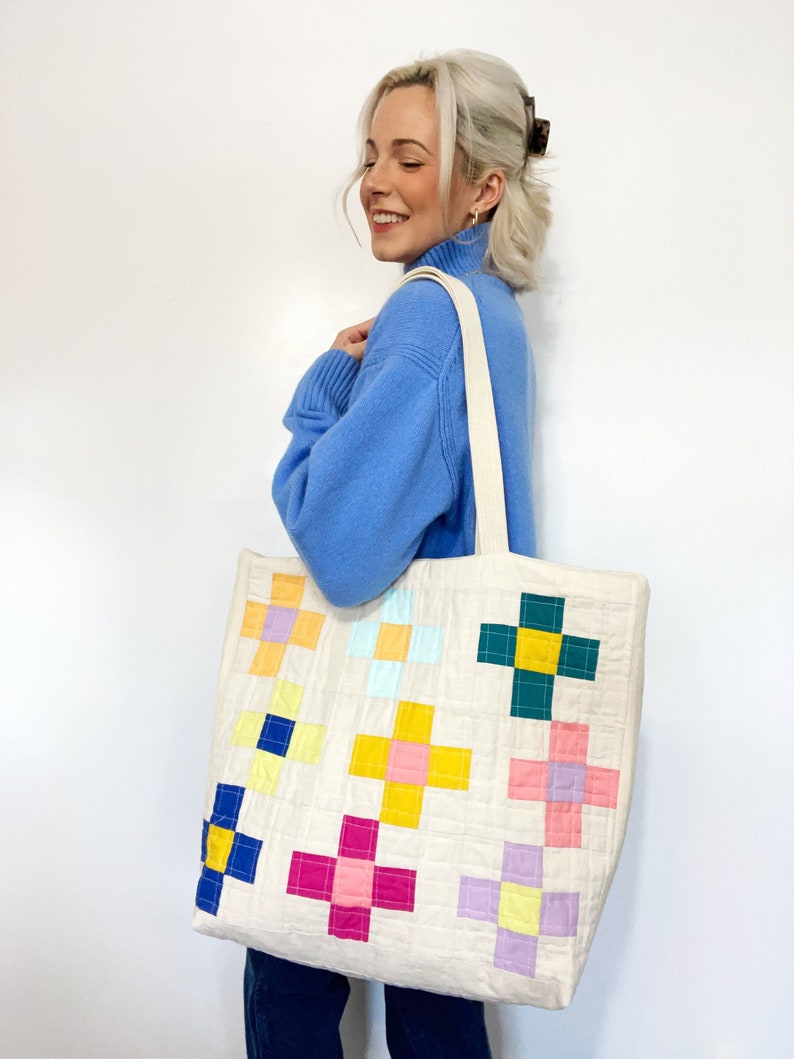 Patchwork Quilted Color Pop Flower Garden Tote Bag image 1