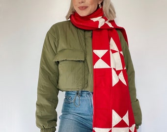 Patchwork Quilted Cotton Fleece Backed Oversized Large Handmade Cozy Red Star Color Pop Scarf