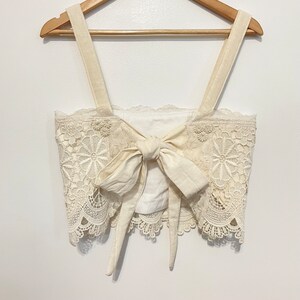 Handmade Repurposed Vintage Linen Doily Crochet Muslin Cotton Bib Bow Back Lacey Eyelet Crop Top image 7