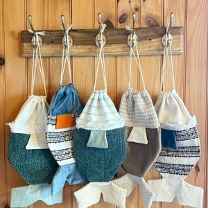 Borsa con coulisse trapuntata grande e oversize, fatta a mano, per amanti dei pesci