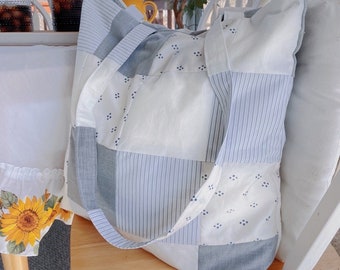 Patchwork Poplin Upcycled Cotton Shirt Reworked Handmade Oversized Slouchy Maxi Tote Bag