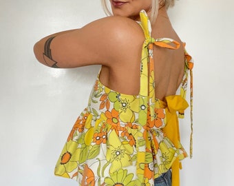 Vintage 70s Mod Bright Retro Flower Child Back Bow Tie Upcycled Textile Smocked Babydoll Pleated A-Line Tank Crop Top