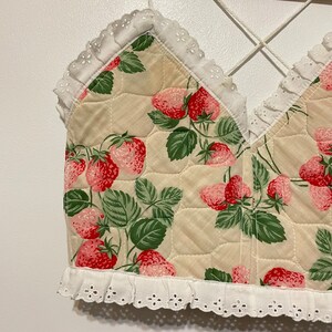 Handmade Strawberry Quilted Ruffle Trim V-Neck Crisscross Bow Back Bustier Crop Top image 3