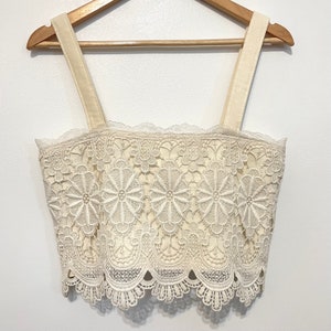 Handmade Repurposed Vintage Linen Doily Crochet Muslin Cotton Bib Bow Back Lacey Eyelet Crop Top image 4