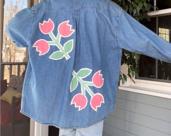 Unique Tulip Patchwork Flower Bouquet Oversized Slouchy Denim Jean Jacket