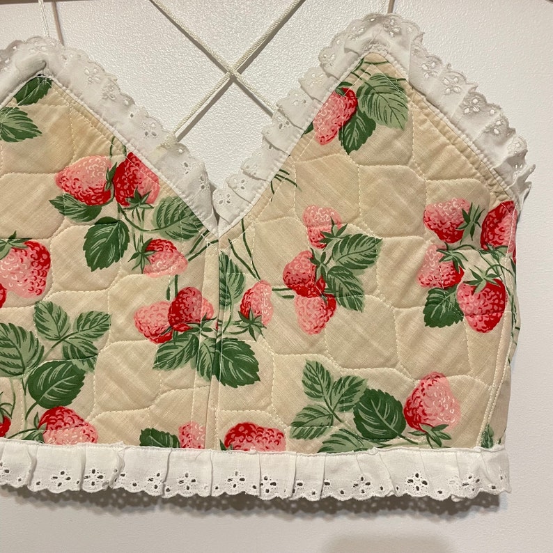 Handmade Strawberry Quilted Ruffle Trim V-Neck Crisscross Bow Back Bustier Crop Top image 4