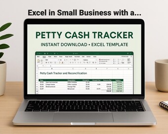 Puede incluir: Una computadora portátil muestra una hoja de cálculo de Excel titulada "Petty Cash Tracker". La pantalla muestra una tabla con columnas para "Descripción", "Amount In" y "Amount Out". El texto "Excel in Small Business with a..." es visible.