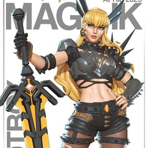 May include: A female action figure with blonde hair, wearing a black and yellow armor, black shorts, and holding a large sword with a yellow blade. The figure is posed in a dynamic stance, with one leg forward and the other bent at the knee. The figure is standing on a white background. The figure is part of the "NomNom Figures" line and is labeled "LootRox".