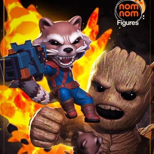 May include: A brown and gray Rocket Raccoon action figure holding a blue and orange blaster, standing on the shoulder of a brown and green Groot action figure. The figures are set against a background of orange flames.