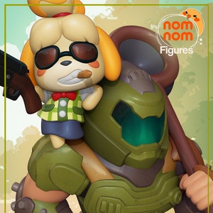 May include: A green and brown Doom Slayer action figure with a yellow and white Animal Crossing character, Isabelle, riding on its shoulder. Isabelle is wearing sunglasses and holding a gun. The figure is holding a brown shovel. The background is a green and brown landscape with the text "nom nom Figures" in the top right corner.