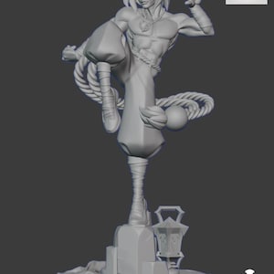 Puede incluir: Una figura gris impresa en 3D de una figura masculina en una pose dinámica, con atuendo de artes marciales estilizado. La figura está en posición de patada, con un elemento similar a una cuerda y una pequeña linterna en la base.