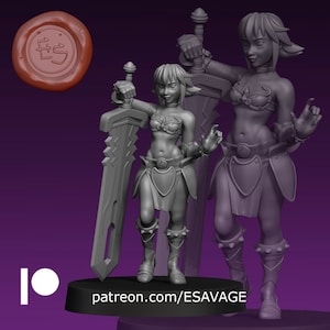 May include: A 3D printed miniature of a female warrior with pointed ears, holding a large sword. She is wearing a bikini top and a skirt with armor plates. The miniature is painted in a gray color.