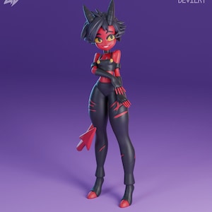 Puede incluir: Una figura renderizada en 3D de un personaje de piel roja con cabello negro y cuernos, vistiendo un atuendo negro con detalles rojos. La figura tiene ojos amarillos y una cola roja. El fondo es de color púrpura sólido. El texto "LAVENDER DEVILRY" está en la esquina superior derecha.