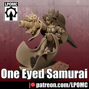 May include: A detailed miniature figurine of a one-eyed female samurai warrior, holding a large, ornate weapon. The figure is painted in shades of brown and beige, with a flowing robe and a fierce expression. The text "One Eyed Samurai" is visible at the bottom of the image.
