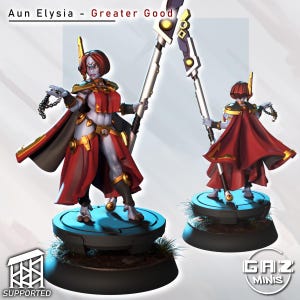 May include: Aun Elysia - Greater Good miniature figure. The figure is a female with blue skin, red hair, and a red and gold outfit. She is holding a staff and a chain of beads. The figure is standing on a round base.