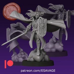 May include: A 3D printed miniature of a fantasy character, a knight in a flowing cape, holding a sword and shield. The miniature is painted in a grey colour and is standing on a cloud-shaped base.