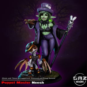 Puede incluir: Figura de fantasía de un personaje de piel verde con un atuendo púrpura, sosteniendo una marioneta y un bastón con cabeza de conejo. La figura está etiquetada como "Puppet Master Neesh" sobre un fondo púrpura oscuro.