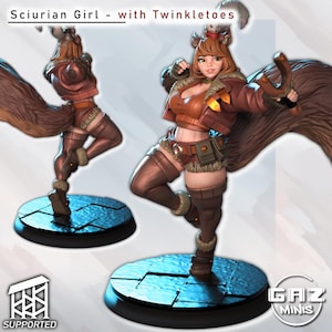 May include: A 3D printed miniature of a female squirrel character wearing a brown leather jacket, brown trousers, and a brown tail. She is holding a slingshot in her right hand and has a small squirrel on her head. The miniature is printed in a light brown colour and is standing on a round base.