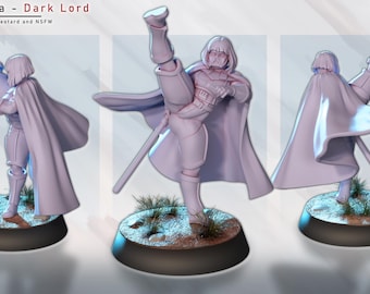 May include: A 32mm miniature figure of a female character in a white cloak and armor, with a raised leg and a sword in her hand. The figure is posed in a dynamic action pose. The figure is printed in white plastic and is ready to be painted.