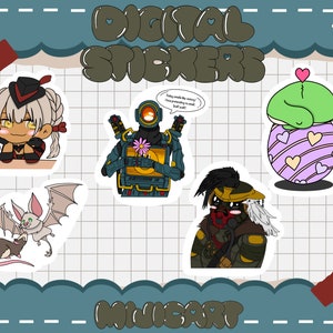 Op de afbeelding: Een set van vijf digitale stickers met verschillende personages en ontwerpen. De stickers bevatten een groen wezen op een ei, een robot die een bloem vasthoudt, een personage met een rood masker, een vleermuis en een meisje met rood haar. De stickers zijn op een witte achtergrond met een rasterpatroon.