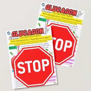 Puede incluir: Dos señales de stop rojas con letras blancas que dicen "STOP" se muestran encima de dos hojas informativas sobre glucagón. Las hojas están tituladas "Glucagón" y describen la clase del medicamento, su mecanismo de acción y sus usos.