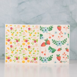 Pacote com 2 lindos panos de prato suecos com estampa de morangos, maçãs e laranjas, biodegradáveis, sustentáveis e reutilizáveis, toalhas de papel compostáveis