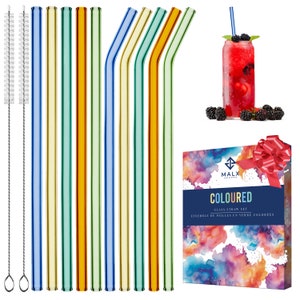 Set of 12 Coloured Glass Straws and Cleaning Brushes Bent and Straight Reusable Eco-Friendly Family Pack Sustainable Living Colored Straws