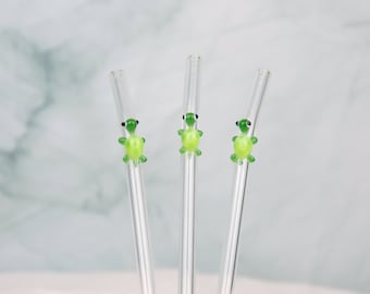 Set of 3 Turtle Glass Straws Reusable Eco-Friendly Straws with Cleaning Brush Handmade Straws Sustainable Teacher Turtle Lover Gift For Her