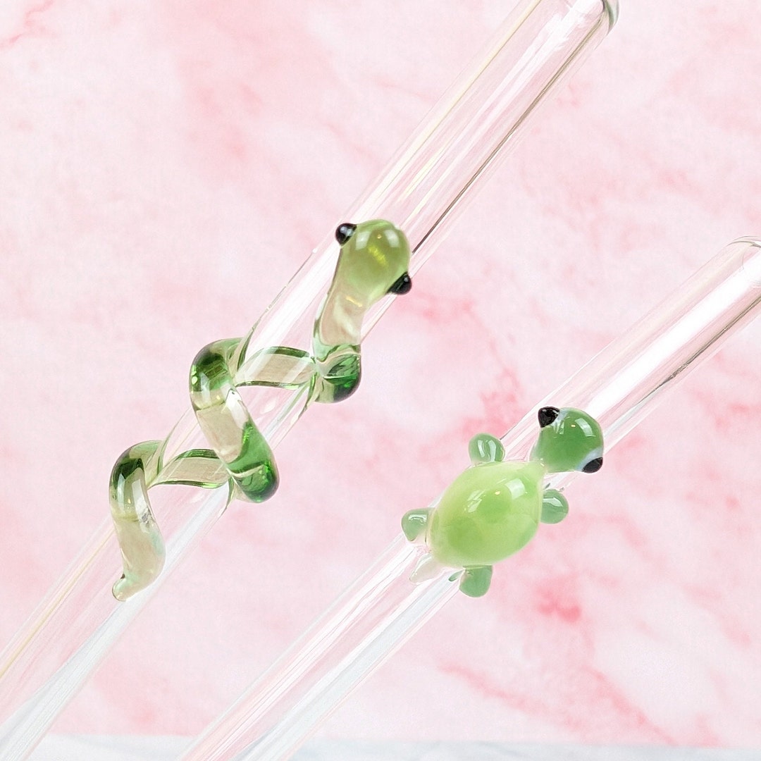 Set of 2 Turtle and Snake Glass Straws Reusable Ecofriendly Straws With Cleaning Brush Handmade