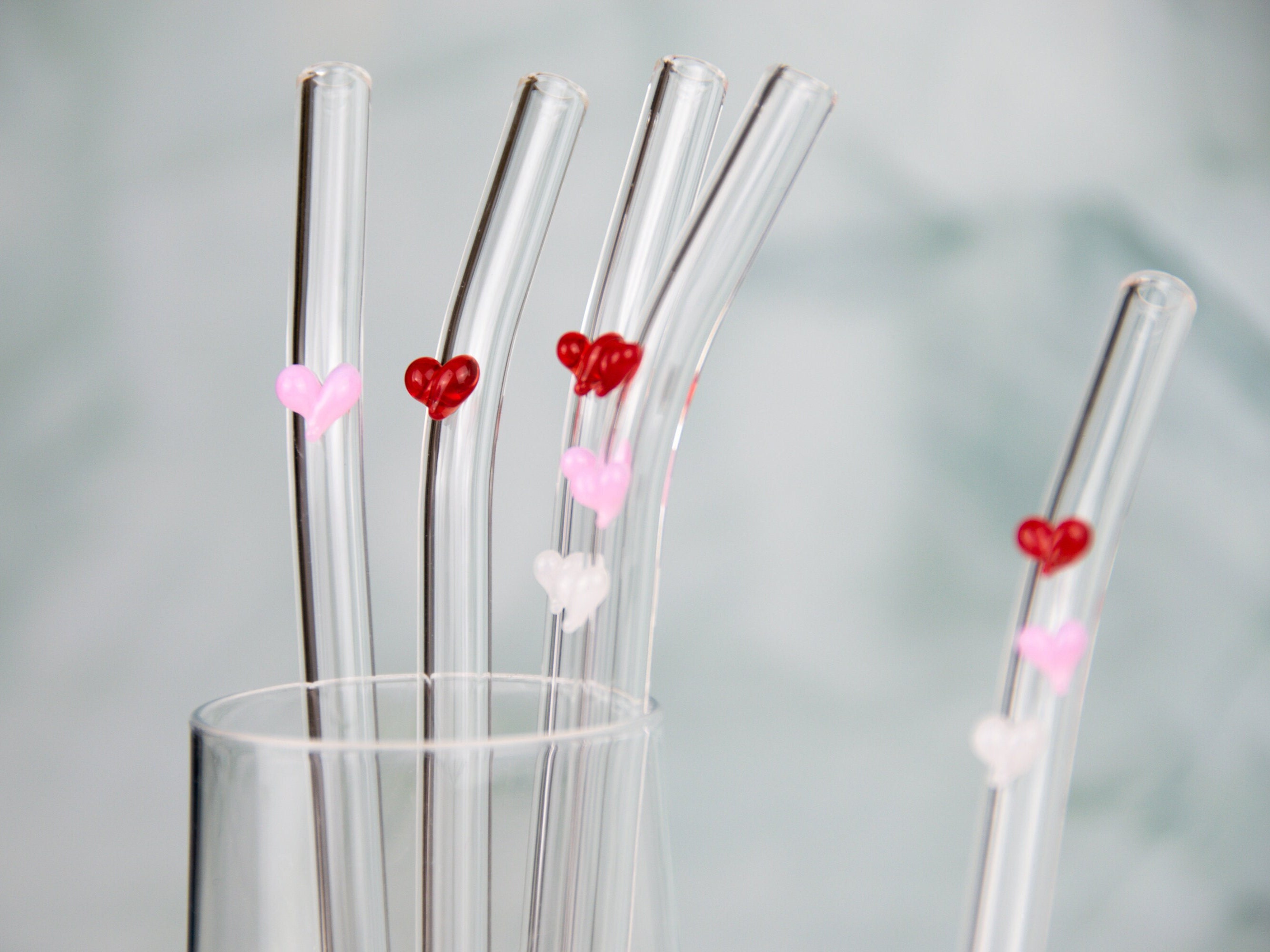 Ban.do 2 Herzförmige Glasstrohhalme - 33,7 Cm Hoch, Rosa, Wiederverwendbar, In Karierter Geschenkbox