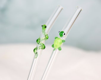 Set of 2 Turtle and Snake Glass Straws Reusable Eco-Friendly Straws with Cleaning Brush Handmade straws Sustainable Turtle Snake Lover Gift