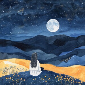 Magische Mondnacht Kunstdruck | Ruhige Landschaft mit Vollmond | Sternenhimmel Illustration | Verträumte Wandkunst | Digitaler Download
